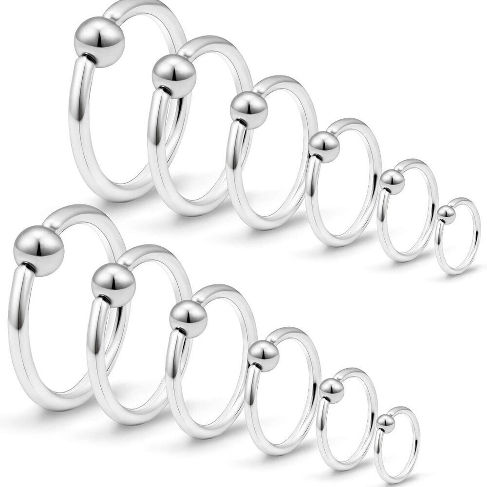 12PCS Silver Stainless Steel 16G Captive Bead Nose & Body Piercing Rings